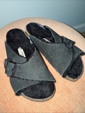 Birkenstock Black Suede Shearling Crossover Slide Mules